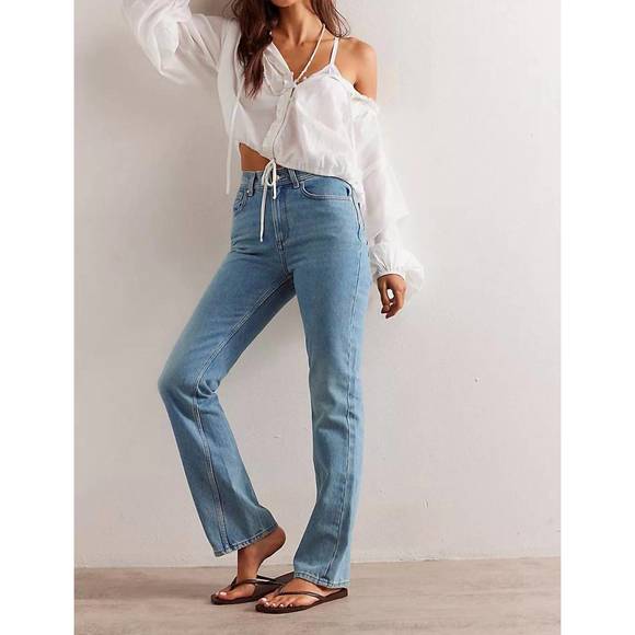 NEW FREE PEOPLE xena slim straight jeans in union blue - Picture 1 of 3